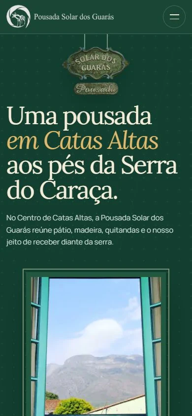 Página da Solar dos Guarás no celular: apresentação e fotografia organizadas em uma coluna.